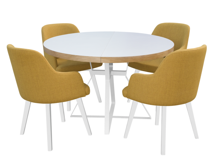Mesa Ronda R514A Ø 120+50, Roble porcelánico Basic Ice, pie metal blanco. Sillón Karlo C/lacado blanco, tapizado Alexander mostaza.